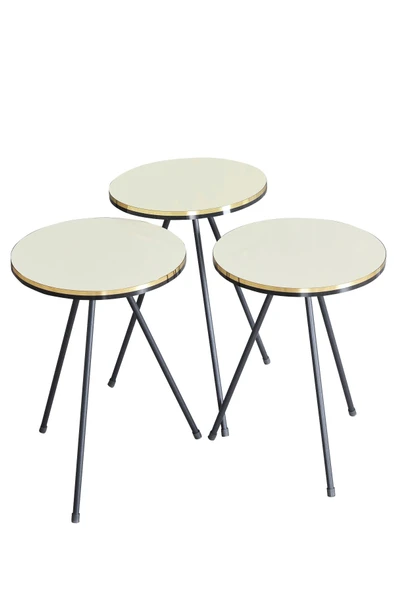 Zigon Sehpa Ve Orta Sehpa Elips Set Siyah Metal Ayak Çift Altın Krem - Resim 3