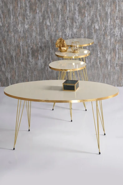 Zigon Sehpa Ve Orta Sehpa Elips Set Gold Krem Tel ürün görseli 1