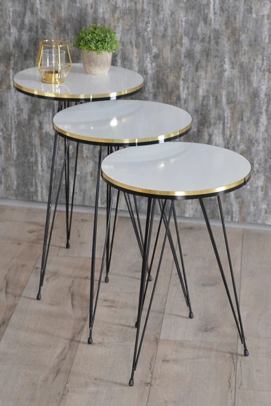 Zigon Sehpa Ve Orta Sehpa Kr Set Siyah Tel Ayak Çift Altın Beyaz - Resim 2