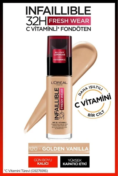 L'Oréal Paris Infaillible 32H Fresh Wear C Vitaminli Fondöten - 120 Golden Vanilla - Resim 6