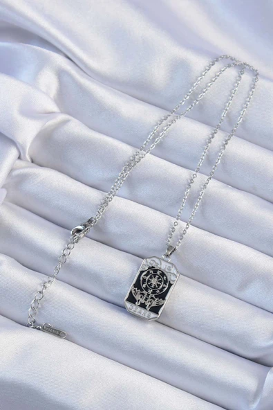 316L Çelik Zincir Gümüş Renk İşlemeli Siyah Mineli Tarot Kolye - Resim 2