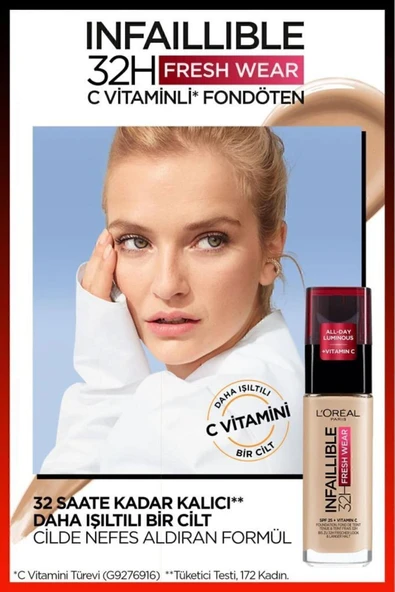 L'Oréal Paris Infaillible 32H Fresh Wear C Vitaminli Fondöten - 120 Golden Vanilla - Resim 7