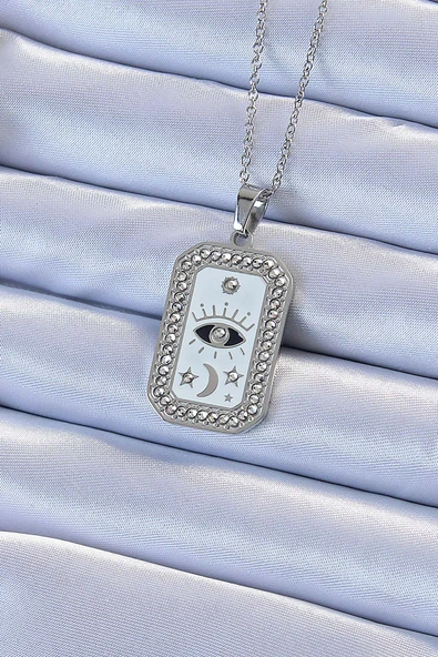 316L Çelik Zincir Gümüş Renk Mineli Zirkon Taşlı Göz Figür Tarot Kolye ürün görseli 1