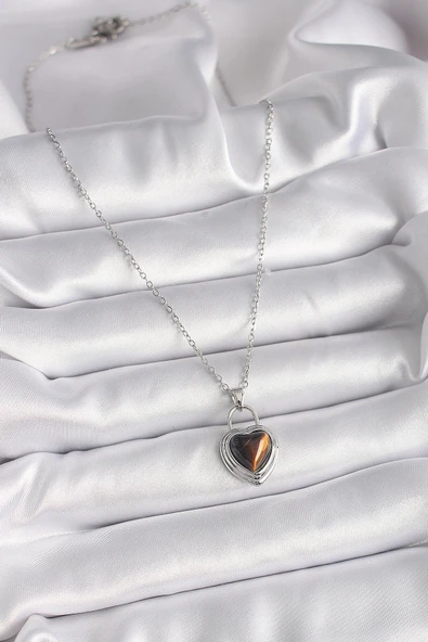 316L Çelik Gümüş Renk Zincir Kilit Kalp Kehribar Boncuk Model Kadın Kolye - Resim 2