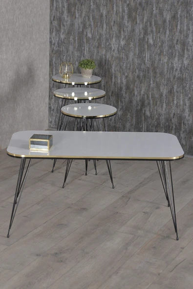 Zigon Sehpa Ve Orta Sehpa Kr Set Siyah Tel Ayak Çift Altın Beyaz ürün görseli 1