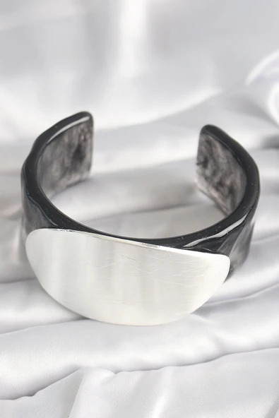 Siyah Mermer Desen Akrilik Plastik Gümüş Oval Plaka Model Vintage Kadın Bilezik - Resim 2