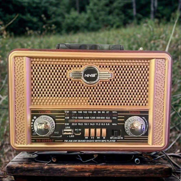Retro, Nostaljik, Ahşap Tasarım Bluetooth Hoparlörlü, Şarjlı, Taşınabilir Otantik Tasarımlı FM/AM Destekli Radyo NS8098 (5314) - Resim 2