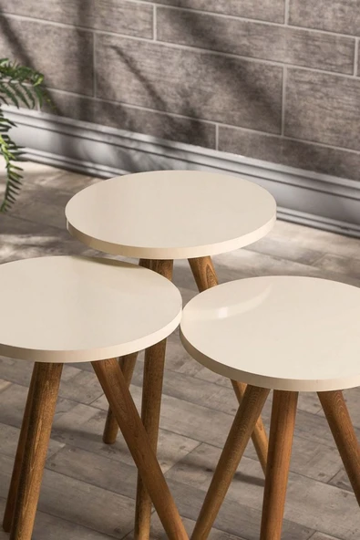 Zigon Sehpa Ve Orta Sehpa Set Ahşap Torna Elips Krem - Resim 5