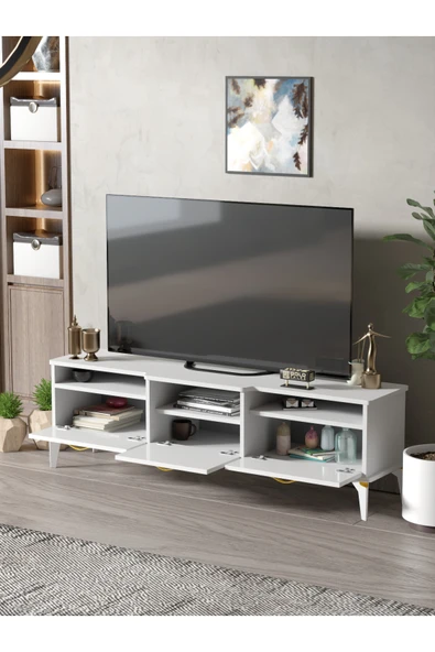Tv Sehpası Tv Ünitesi 160 Cm Gold Beyaz Mistral 5072 - Resim 2