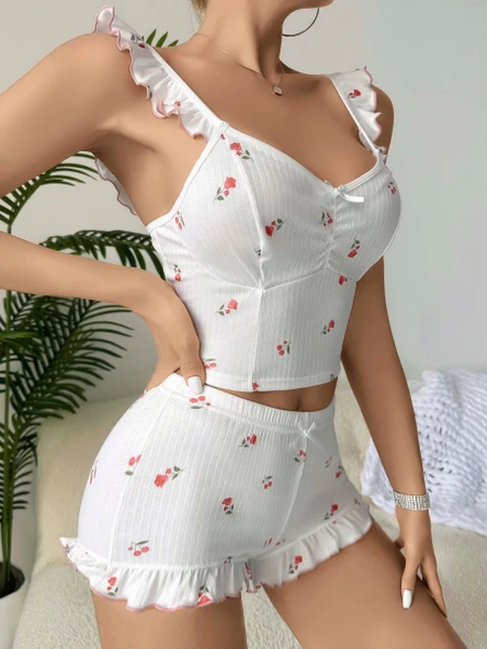 Kadın Gül ve Kiraz Desenli Şortlu Gecelik Takım 5112 ürün görseli 1