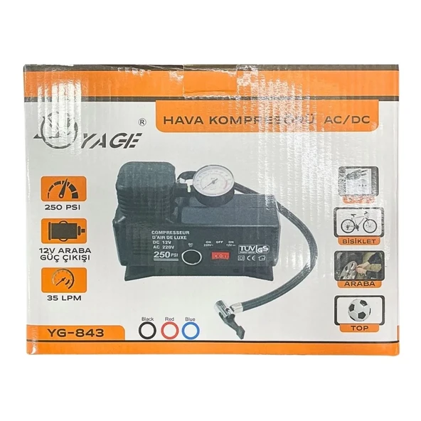 220 Volt-12 Volt 250 Psi Kompresör Lastik Hava Şişirme Oto Pompası Fişli Ve Çakmaklı Yage-843 (5314) - Resim 3