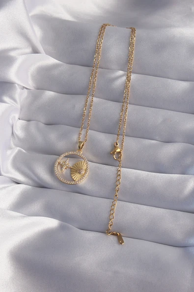 316L Çelik Zincir Gold Renk Zirkon Taşlı Yıldız Figürlü Oval Kolye - Resim 2