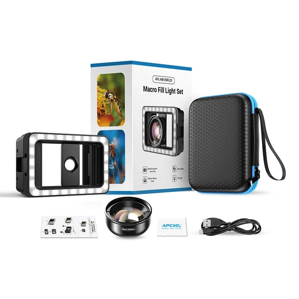 Apexel HD 100mm Profesyonel Yakın Çekim Makro Yakın Çekim Lensi ve 3 Renkli Dolgu Işığı Kiti APL-HB - Resim 3