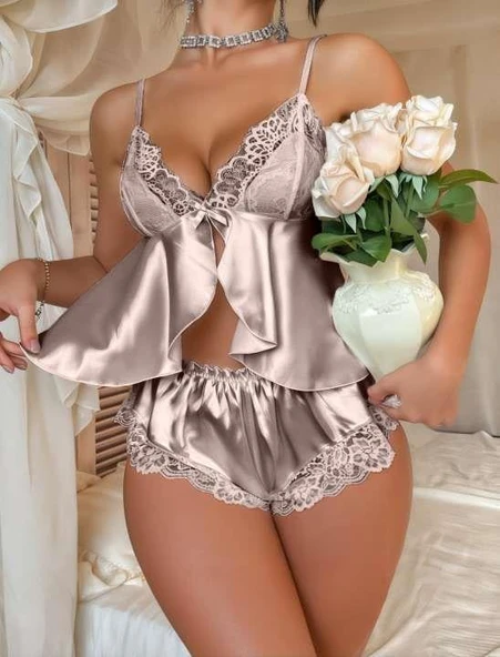 MDB MdbShop Vizon Dantel İşlemeli İnce Askılı Saten Şortlu Takım - Resim 2