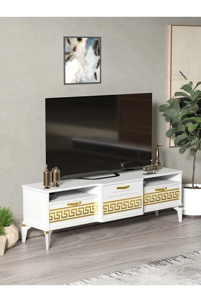 Tv Sehpası Tv Ünitesi 160 Cm Gold Beyaz Mistral 5072 - Resim 5