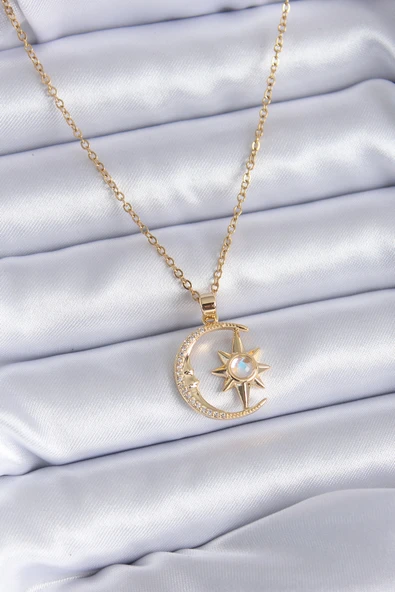 316L Çelik Gold Renk Zirkon Taşlı Ay Yıldız Model Kadın Kolye ürün görseli 1