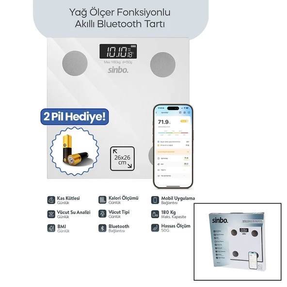 BEYAZ YAĞ ÖLÇER AKILLI BLUETOOTH CAM BASKÜL PİLLİ 180KG/50GR 26X26CM 8-KİŞİ HAFIZA LCD EKRAN ℃ GÖSTERGE SBS-4472 (5314) ürün görseli 1