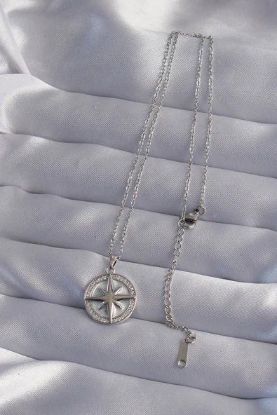 316L Çelik Zincir Gümüş Renk Zirkon Taşlı Kutup Yıldızı Kolye - Resim 2