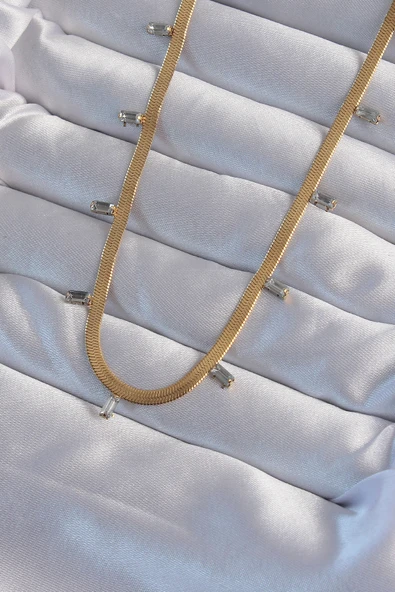 316L Çelik Gold Renk Baget Taşlı İtalyan Zincir Kolye ürün görseli 1