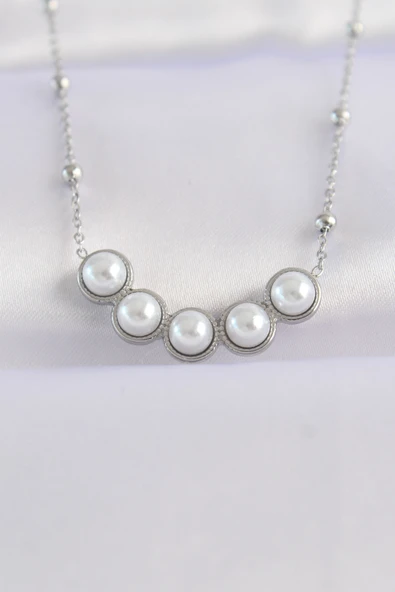 316L Çelik Zincir Gümüş Renk Sıralı İnci Taşlı Kolye ürün görseli