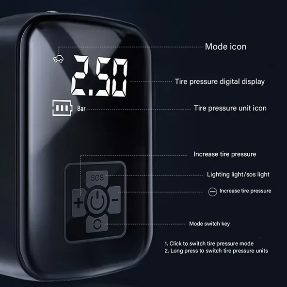 Mini Kablosuz Dijital Taşınabilir Kompresör Araç Lastik Top Şişirme Pompası Hava Kompresörü (5314) - Resim 4