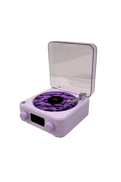 Wes Nostalji Plak Görünümlü Bluetooth Hoparlör 3d Ses Dalgası Retro Müzik Plak Mor - Resim 2