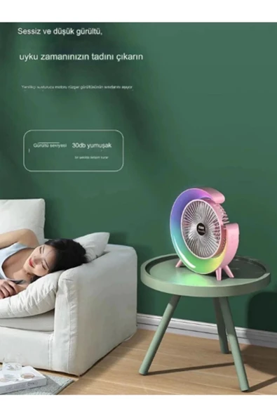 Masaüstü Vantilatör Usb Şarjlı Rgb Led Işıklı 3 Kademeli 180° Ayarlanabilir Soğutucu Fan Yeşil - Resim 3