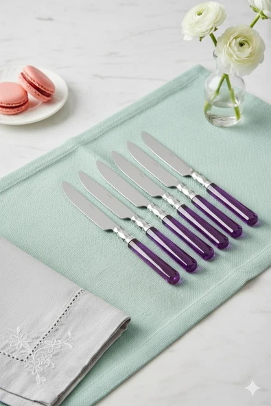 6’lı Paslanmaz Çelik Mor Tatlı Bıçağı Seti - Resim 4