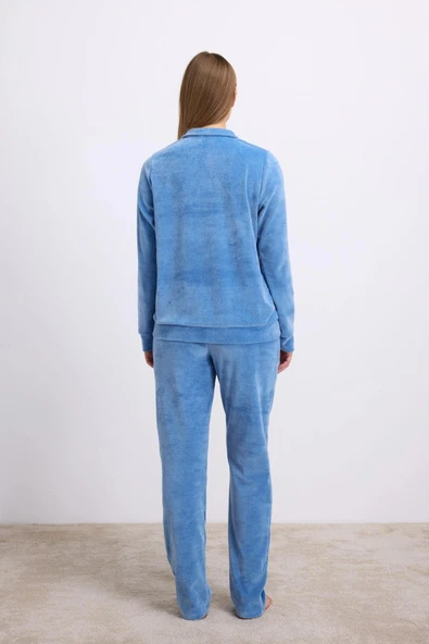 Uzun Kollu Fermuarlı Kadife Sweatshirt ve Pantolon Pijama Takımı - Resim 3