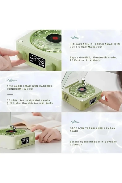 Wes Nostalji Plak Görünümlü Bluetooth Hoparlör 3d Ses Dalgası Retro Müzik Plak Yeşil - Resim 2