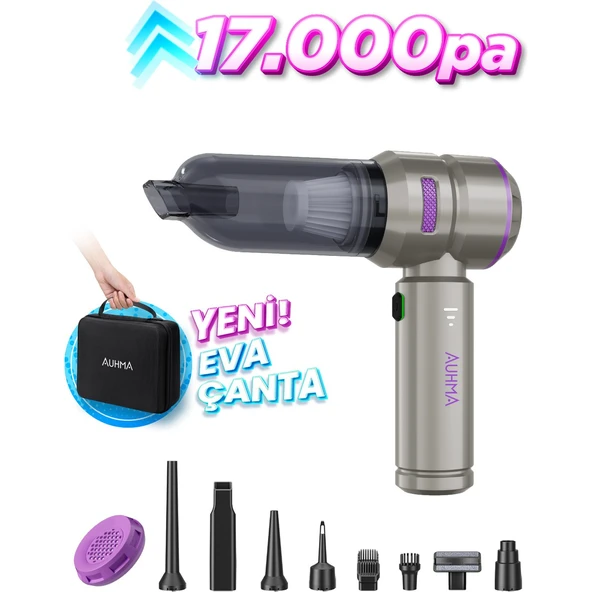 Auhma Ahv-02 Kablosuz Araç Içi Süpürge Mor | 17000PA Güçlü Vakum | Fırçasız Motor | Üfleme & Vakum Özellikli | 9 Başlık + Type-C Kablo ürün görseli