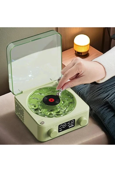 Wes Nostalji Plak Görünümlü Bluetooth Hoparlör 3d Ses Dalgası Retro Müzik Plak Yeşil ürün görseli 1