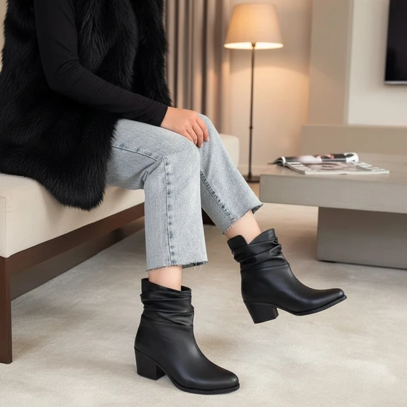 BİÇOMİ Lukana Siyah Cilt Topuklu Körüklü Bot ürün görseli 1