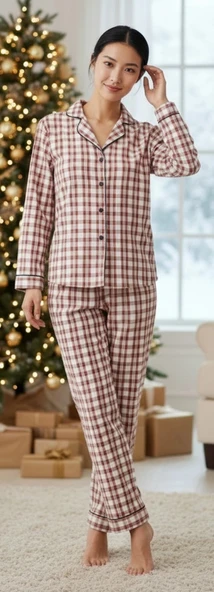 Pamuklu Uzun Kol Düğmeli Gömlek ve Ekose Pantolon Pijama Takımı - Resim 2