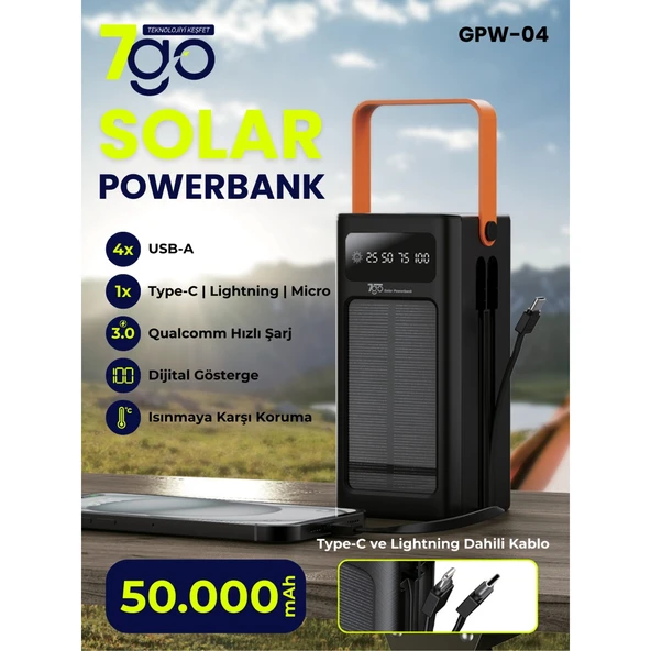 7go Gpw-04 50.000MAH Solar Powerbank – 4xusb-A, Qualcomm 3.0 Hızlı Şarj, Dahili Lightning & Usb-C Kablo, Dijital Yüzdelik Ekran ürün görseli