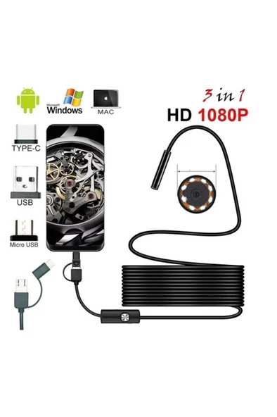 Endoskop 3 İn 1 Yılan Kamera Usb Micro Usb Type-c 20 Metre Sert Kablo ürün görseli
