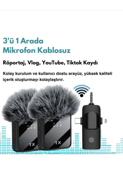 Yüksek Kalite Profesyonel 3 In 1 Kablosuz Taşınabilir Yaka Mikrofonu Tüylü ürün görseli 1
