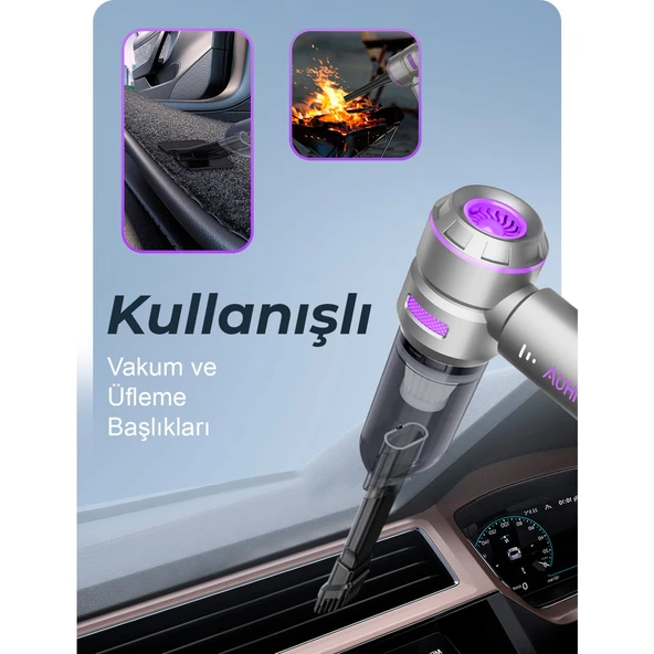 Auhma Ahv-02 Kablosuz Araç Içi Süpürge Mor | 17000PA Güçlü Vakum | Fırçasız Motor | Üfleme & Vakum Özellikli | 9 Başlık + Type-C Kablo - Resim 4