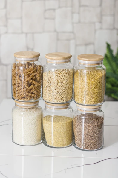 6 Lı Set Bambu Kapaklı Cam Kavanoz & Erzak Saklama Kabı 800 ml Orta  Boy ( Vakum Kapak ) - Resim 2