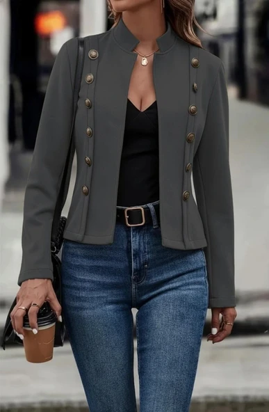 MDB Kadın Uzun Kollu Hakim Yaka Yanlardan Düğmeli Kısa Süet Ceket ürün görseli 1