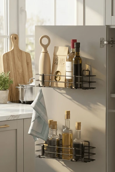 2'li Siyah Dolap Kapağı Yapışkanlı Raf Seti – Mutfak & Banyo Düzenleyici Metal Organizer - Resim 3