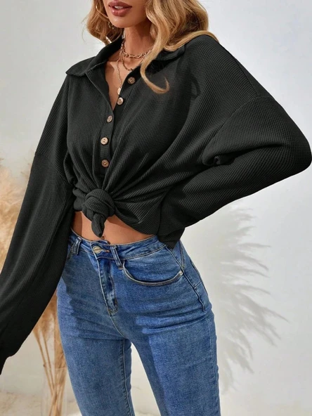 MDB Kadın Uzun Kollu Yakalı Düğmeli Salaş Waffle Bluz - Resim 3