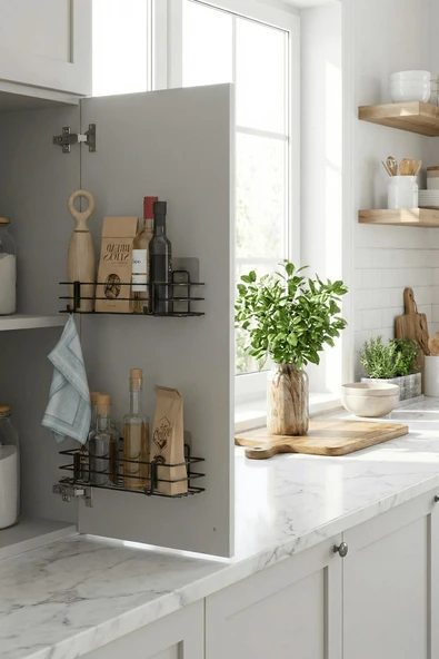 2'li Siyah Dolap Kapağı Yapışkanlı Raf Seti – Mutfak & Banyo Düzenleyici Metal Organizer - Resim 4