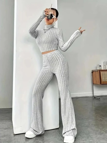 MDB Kadın Uzun Kollu Balıkçı Yaka Krop Ve Pantolon şardonlu Kaşkorse Ikili Takım - Resim 2