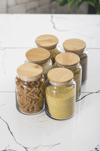6 Lı Set Bambu Kapaklı Cam Kavanoz & Erzak Saklama Kabı 800 ml Orta  Boy ( Vakum Kapak ) - Resim 5