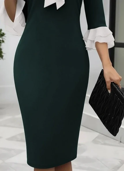 MDB Kadın Truvakar Kollu Fiyonk Yakalı Midi Ithal Krep Elbise - Resim 3