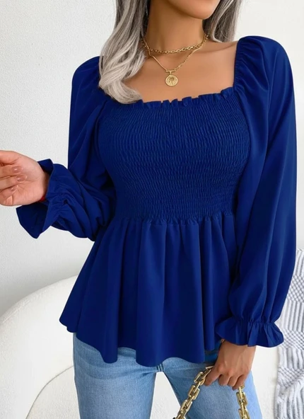 MDB Kadın Uzun Kollu Geometrik Yakalı Gipe Detaylı Krep Bluz ürün görseli 1