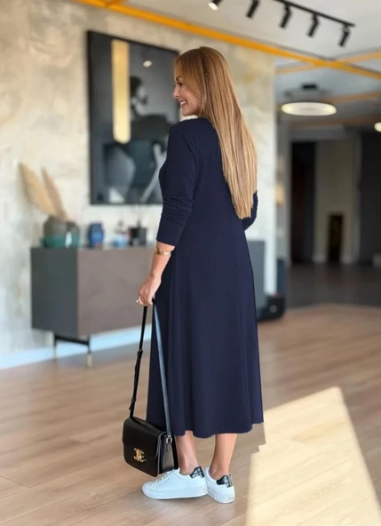 MDB Kadın Uzun Kollu V Yakalı Midi Modal Elbise - Resim 4