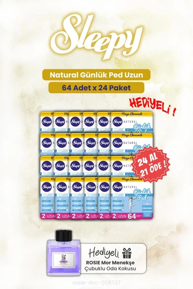 Sleepy 24 AL 21 ÖDE Günlük Ped Natural Uzun 64'lü ve ROSIE oda kokusu ürün görseli