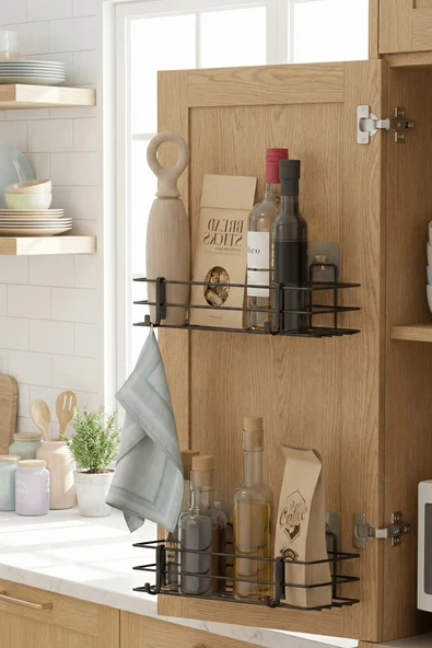 2'li Siyah Dolap Kapağı Yapışkanlı Raf Seti – Mutfak & Banyo Düzenleyici Metal Organizer - Resim 5